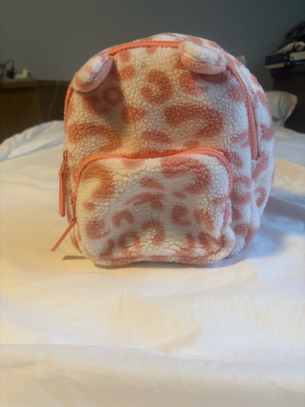 Pink White Animal Print Kids Backpack with Ears Fleece Adjustable Strap Small